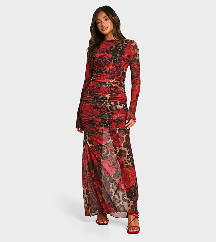 Mixed Leopard Ruched Mesh Maxi Dress