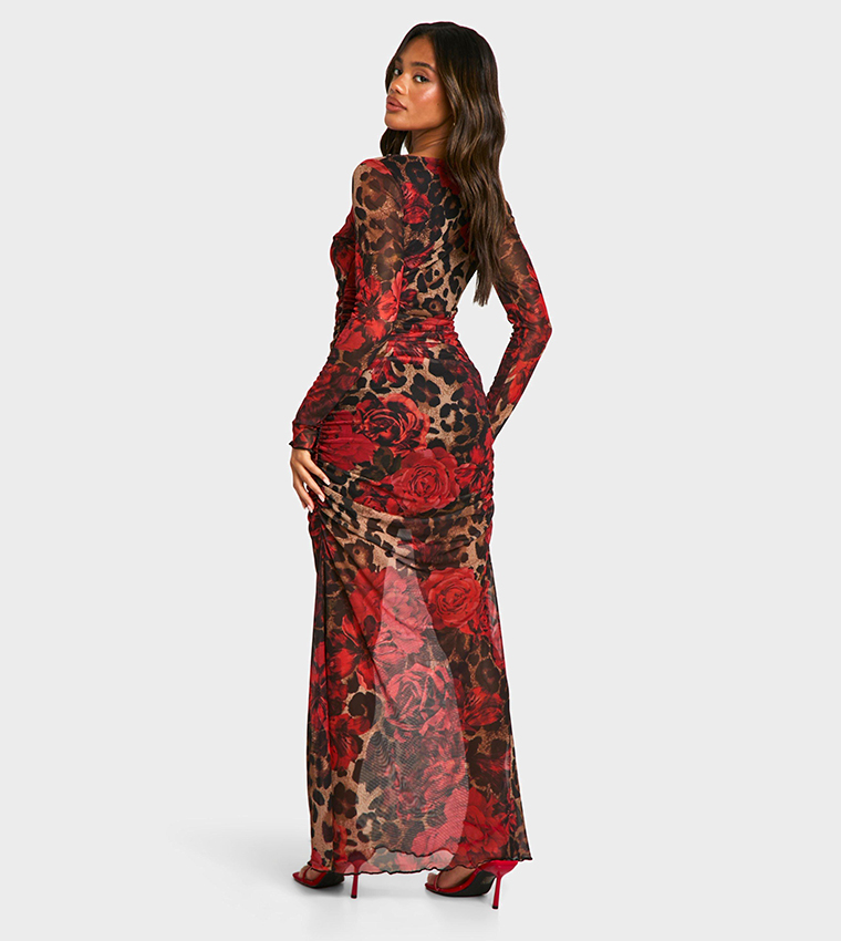 Mixed Leopard Ruched Mesh Maxi Dress