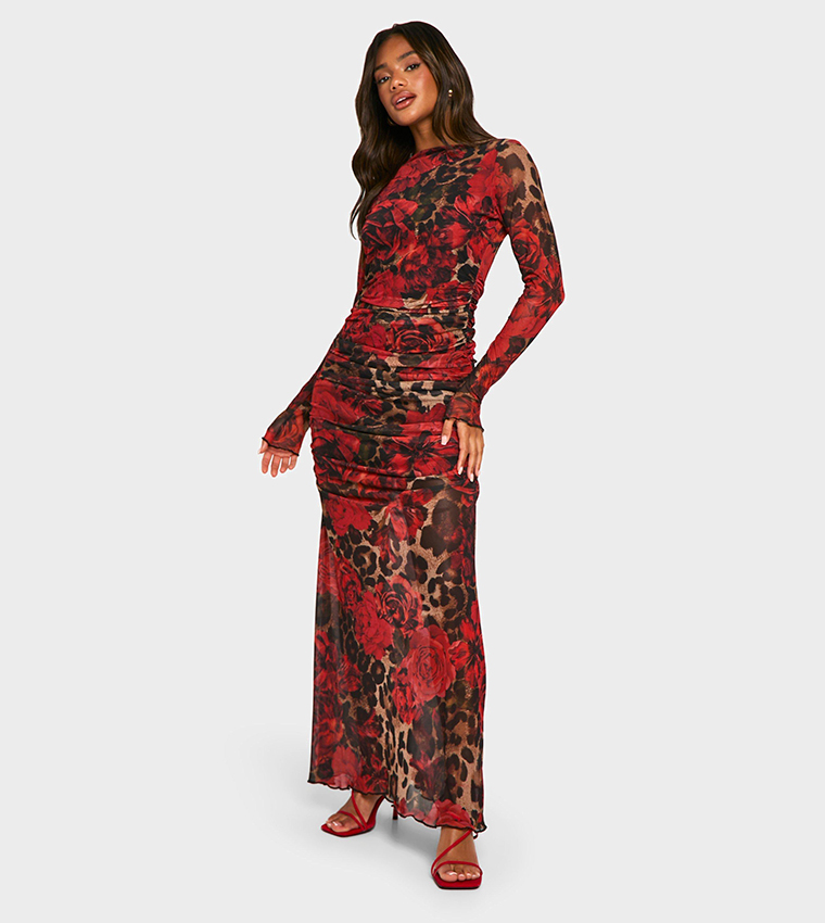 Mixed Leopard Ruched Mesh Maxi Dress