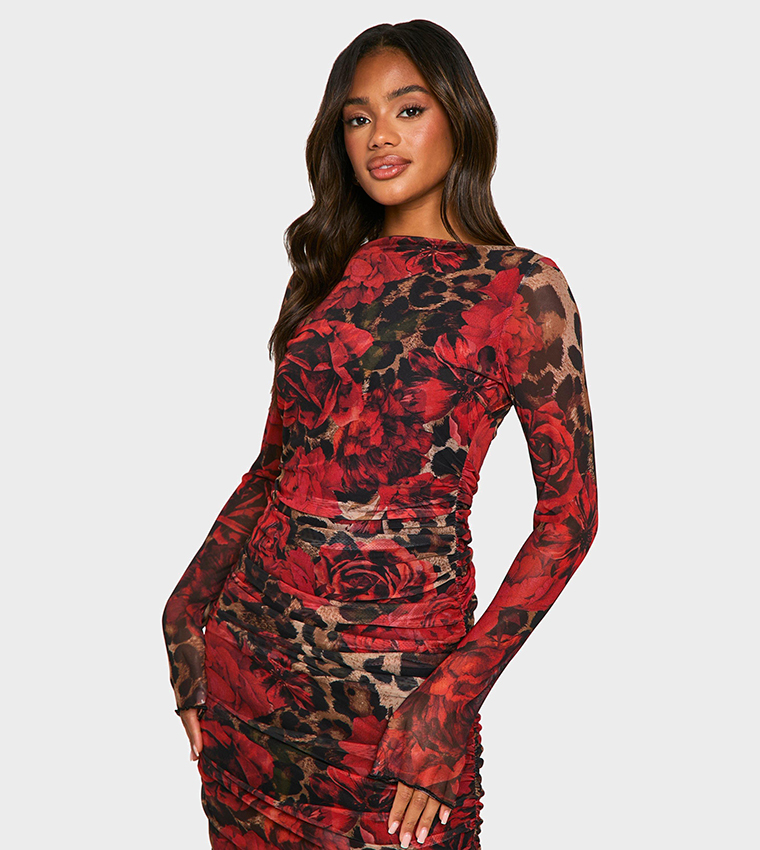 Mixed Leopard Ruched Mesh Maxi Dress