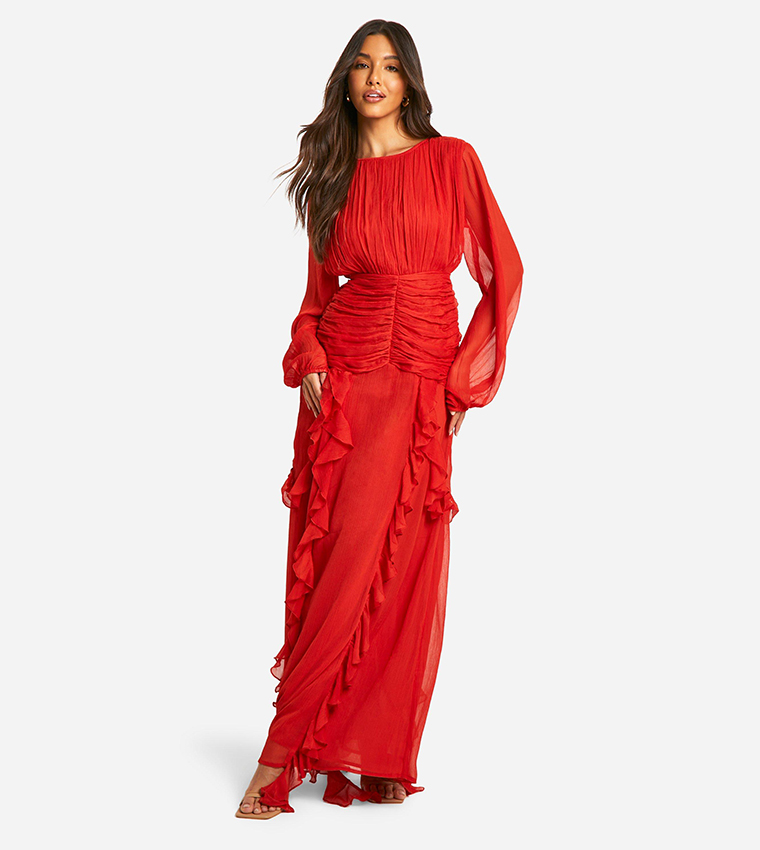 Ruched Ruffle Detail Maxi Dress