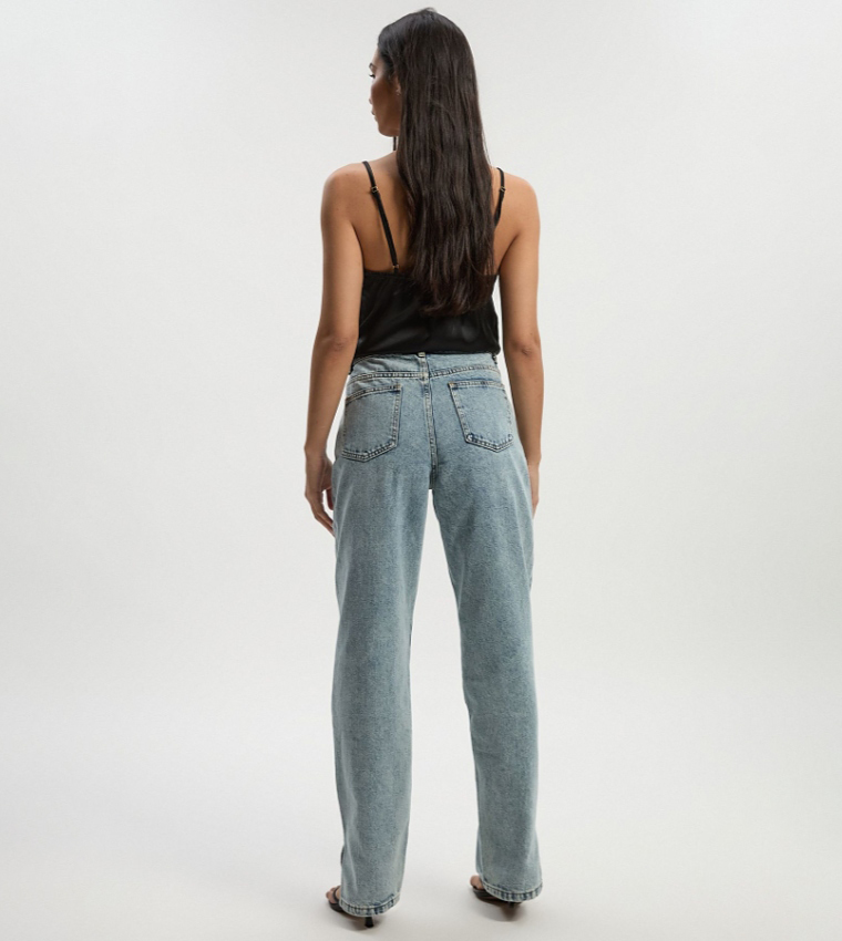 Solid High Waist Split Hem Straight Fit Jeans
