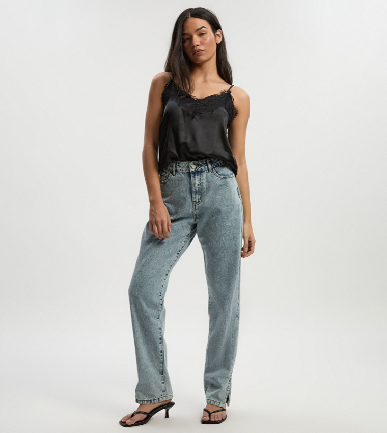 Solid High Waist Split Hem Straight Fit Jeans