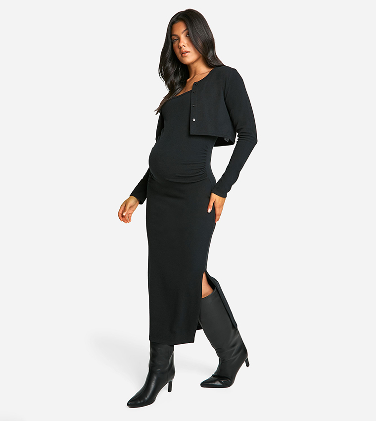 Maternity Textured Maxi Dress with Crop Cardigan