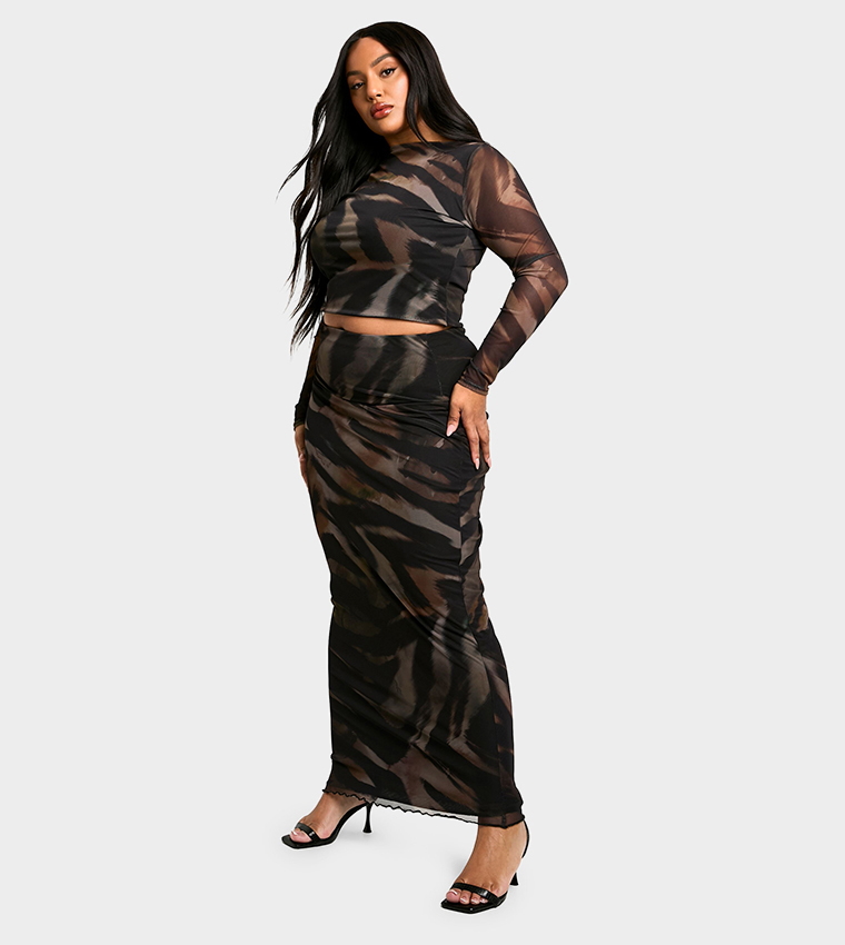 Curve Animal Print Slash Neck Top & Maxi Skirt Set