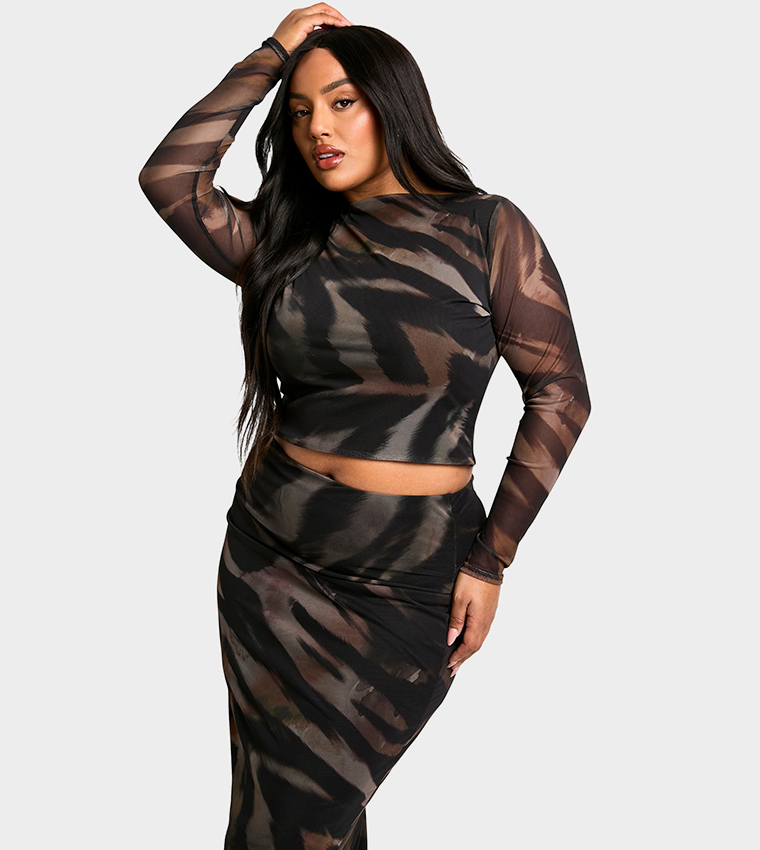 Curve Animal Print Slash Neck Top & Maxi Skirt Set