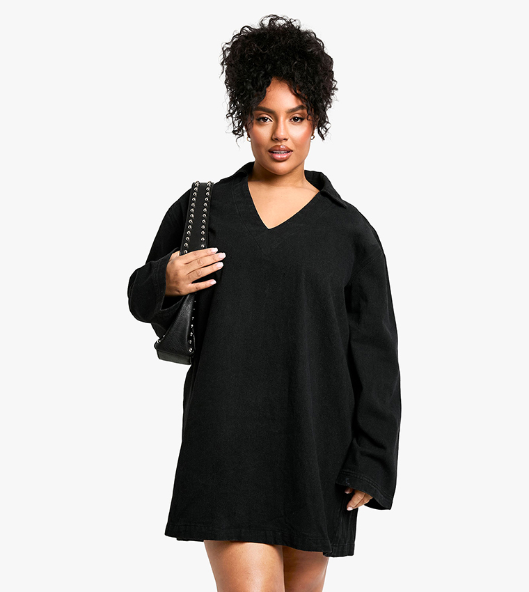 فستان دنيم قصير بولو للمقاسات الكبيرة