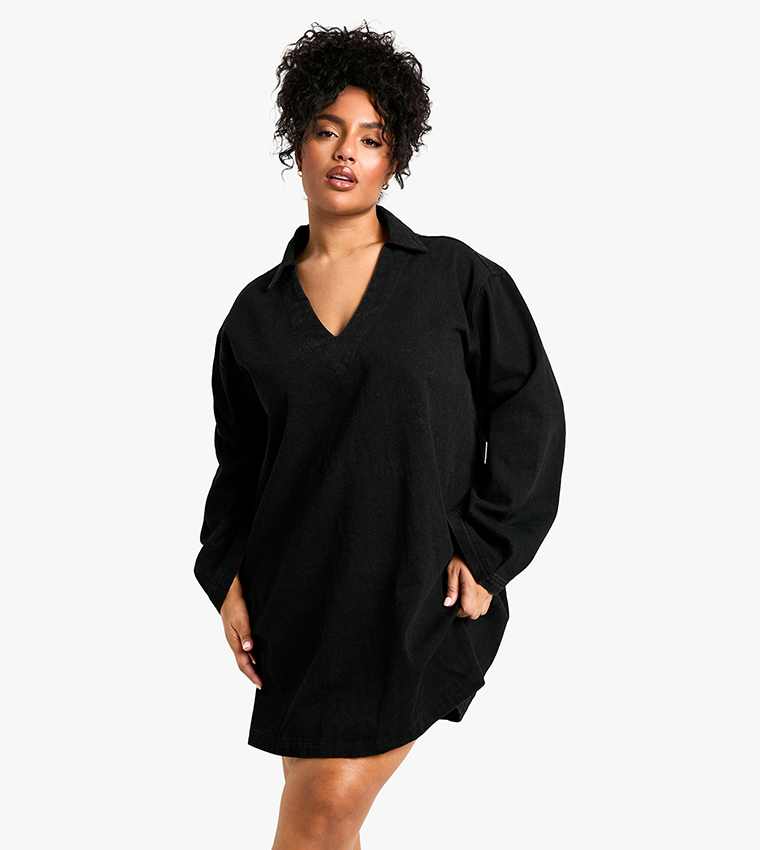 فستان دنيم قصير بولو للمقاسات الكبيرة