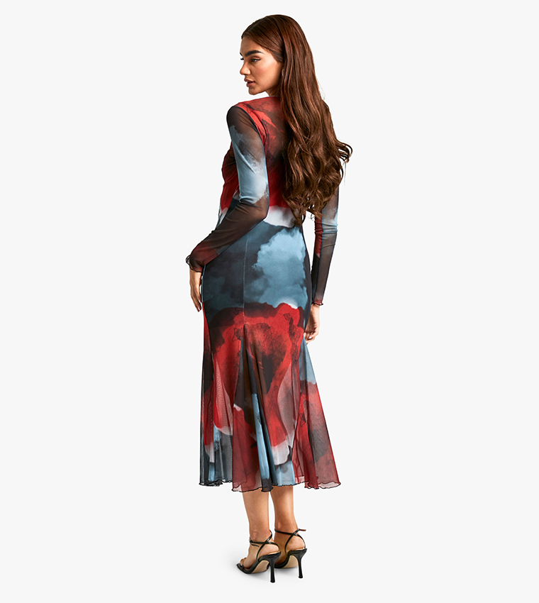 Floral Print Slash Neck Godet Hem Midaxi Dress