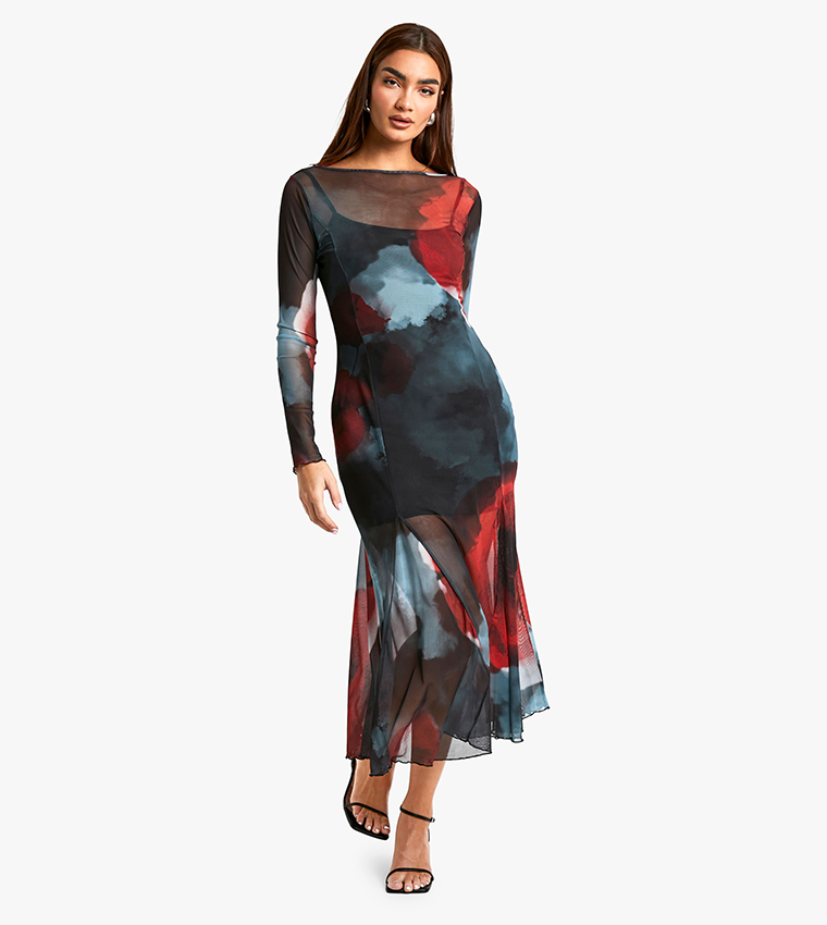 Floral Print Slash Neck Godet Hem Midaxi Dress