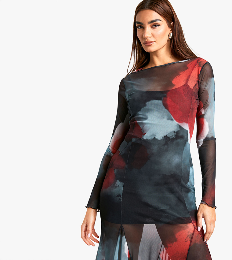 Floral Print Slash Neck Godet Hem Midaxi Dress