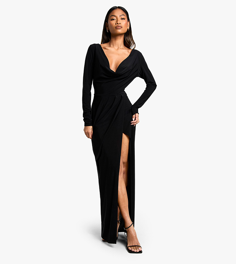 Long Sleeves Wrap Maxi Dress
