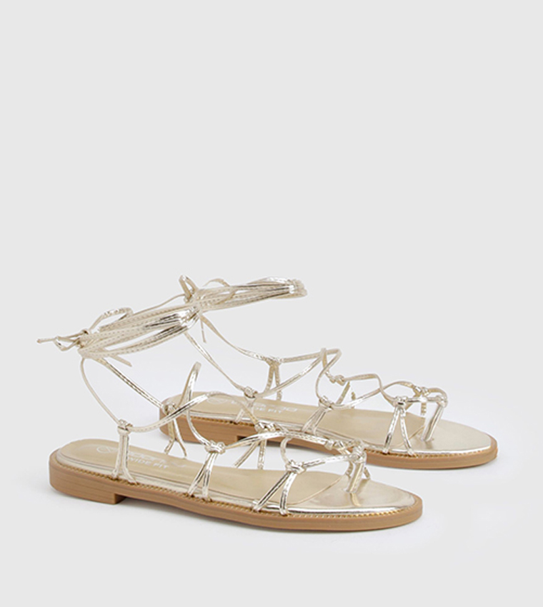 Caged Detail Tie Up Flat Sandals
