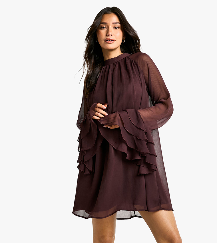 Tall High Neck Volume Sleeves Chiffon Smock Dress