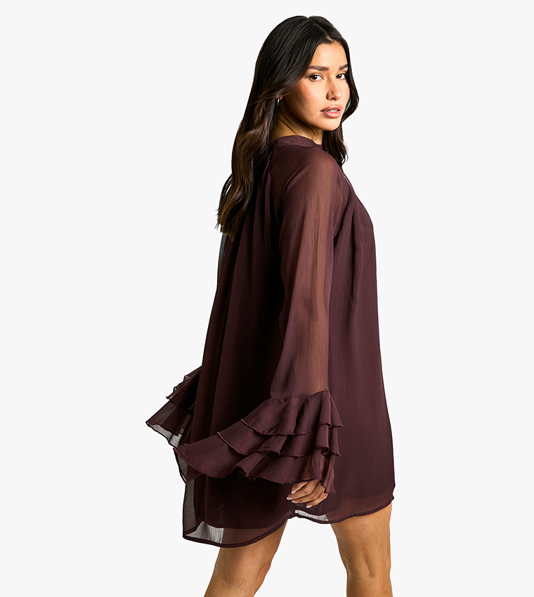 Tall High Neck Volume Sleeves Chiffon Smock Dress