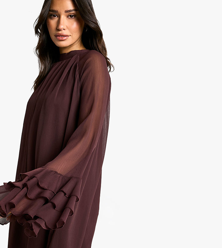 Tall High Neck Volume Sleeves Chiffon Smock Dress