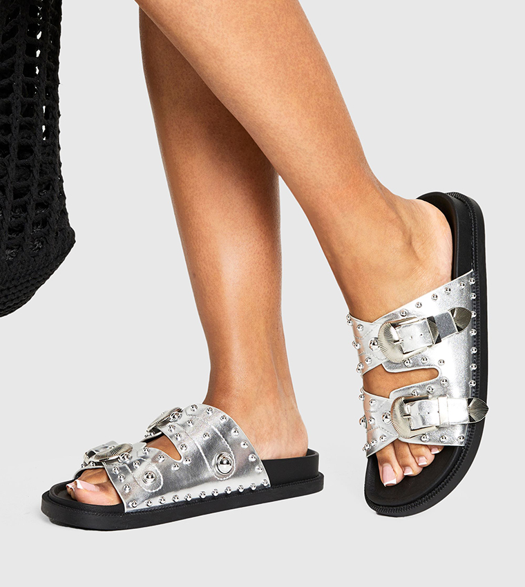 Western Studded Buckle Flat Sandals