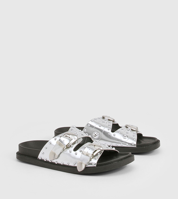 Western Studded Buckle Flat Sandals