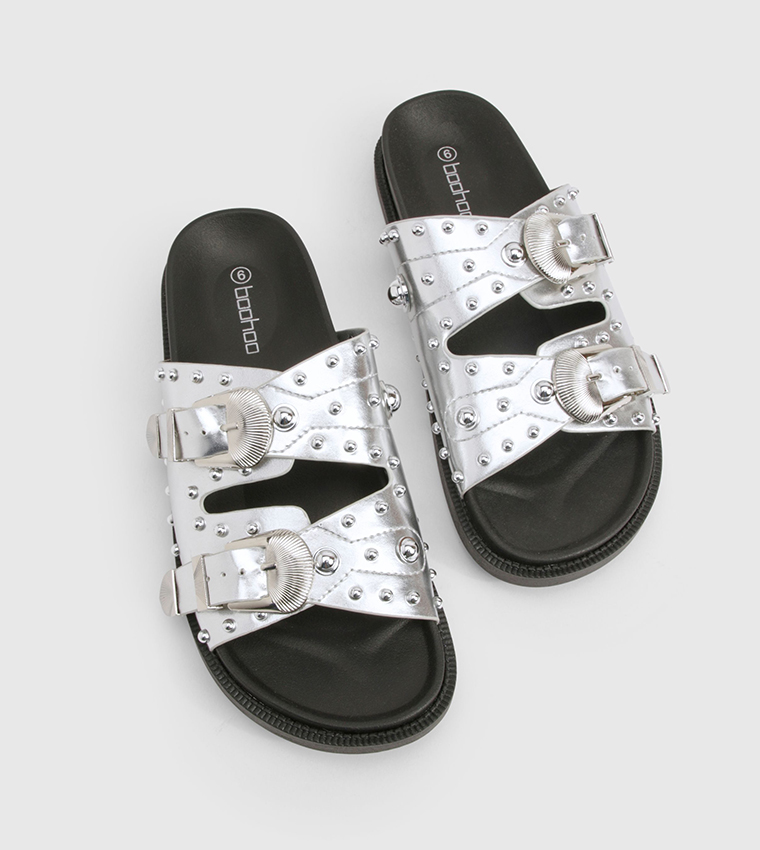 Western Studded Buckle Flat Sandals