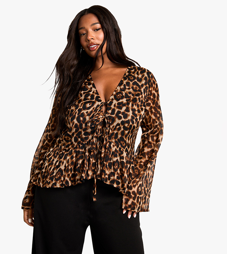 Curve Leopard Tie Front Ruffle Top