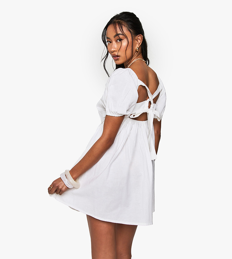 Linen Puff Sleeves Smocked Waist Mini Dress