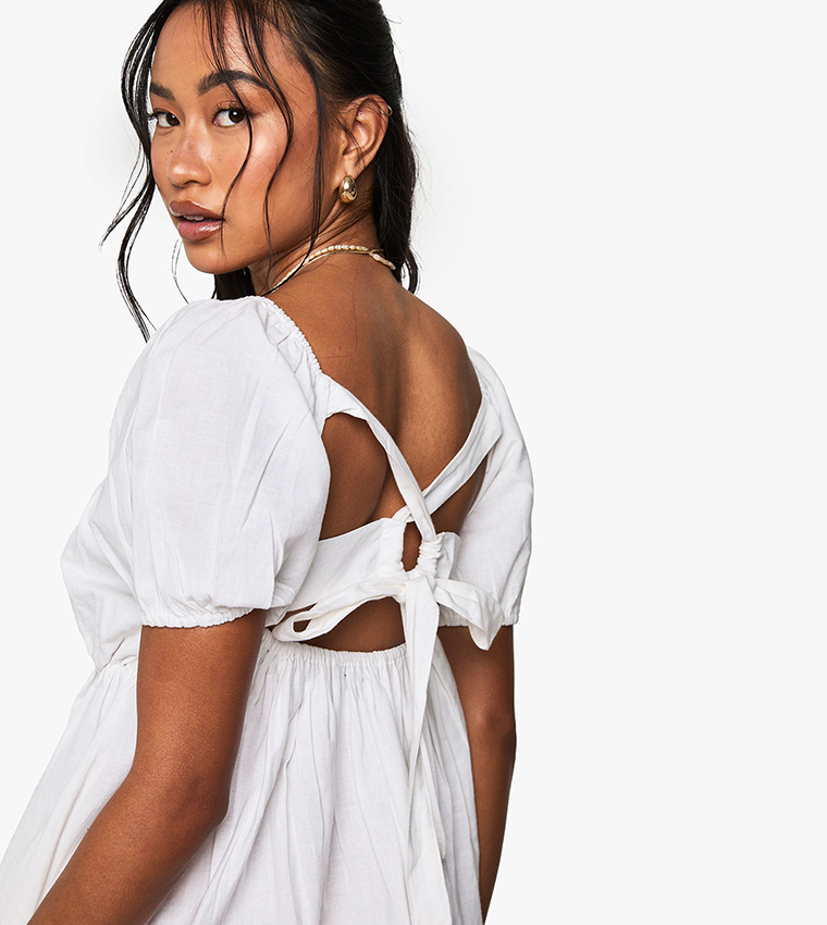 Linen Puff Sleeves Smocked Waist Mini Dress