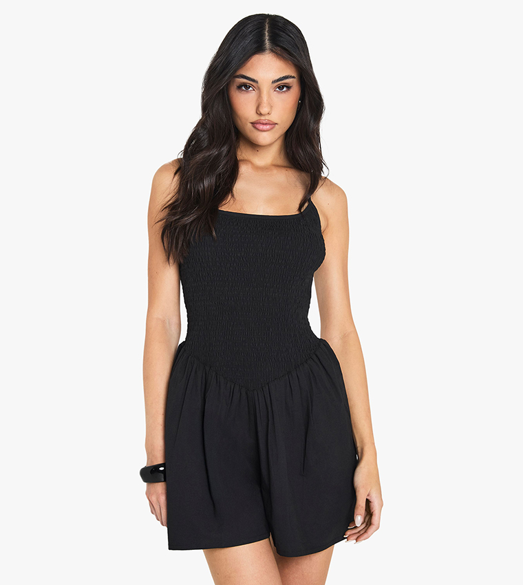 Cotton Shirred Flippy Shoulder Strap Playsuit