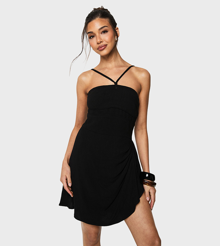 Linen Look Drape Wrap Mini Dress