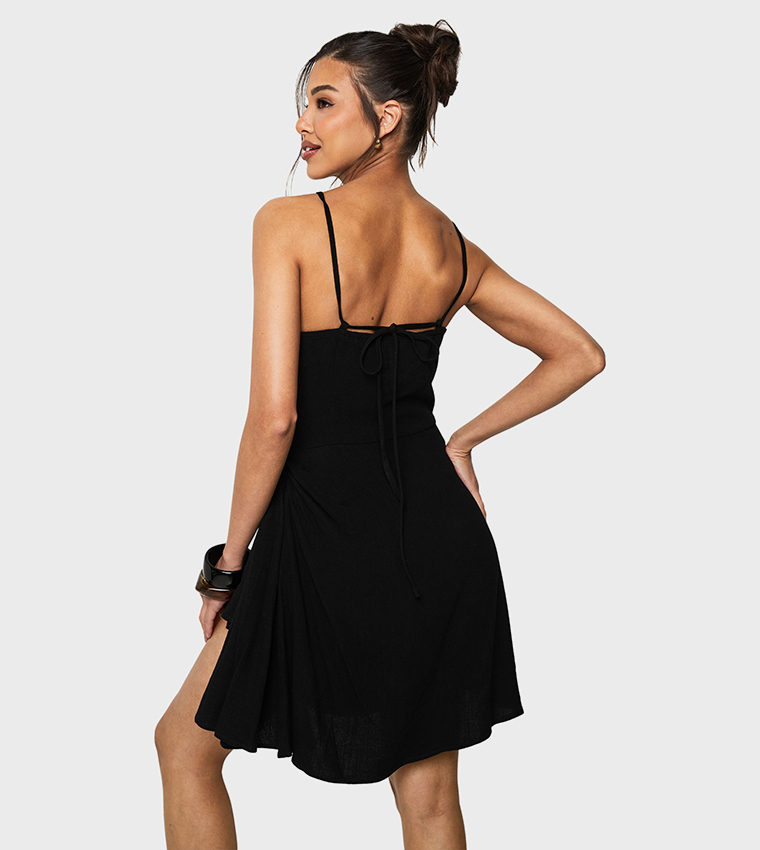 Linen Look Drape Wrap Mini Dress