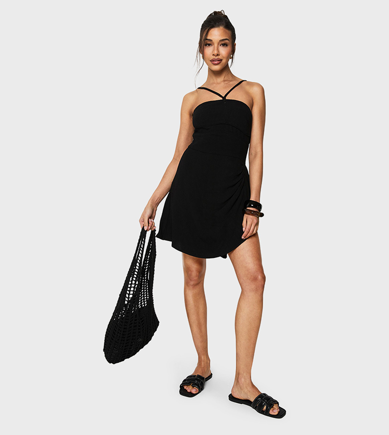 Linen Look Drape Wrap Mini Dress