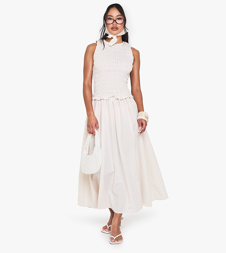 Gingham Shirred Detail Drop Waist Midaxi Dress