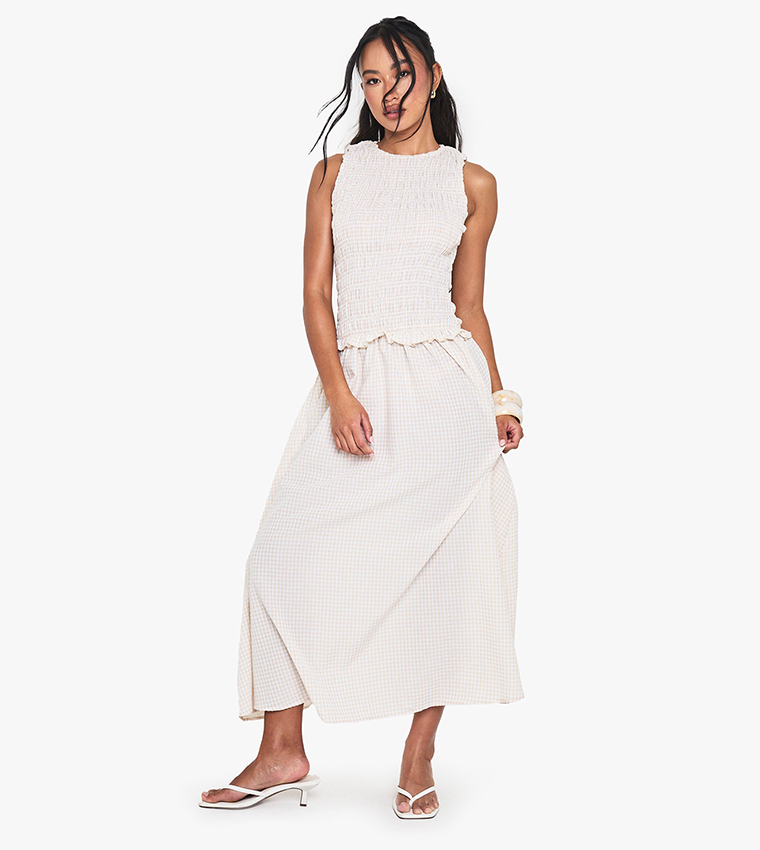 Gingham Shirred Detail Drop Waist Midaxi Dress