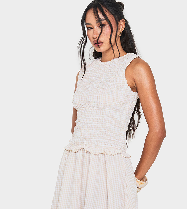 Gingham Shirred Detail Drop Waist Midaxi Dress
