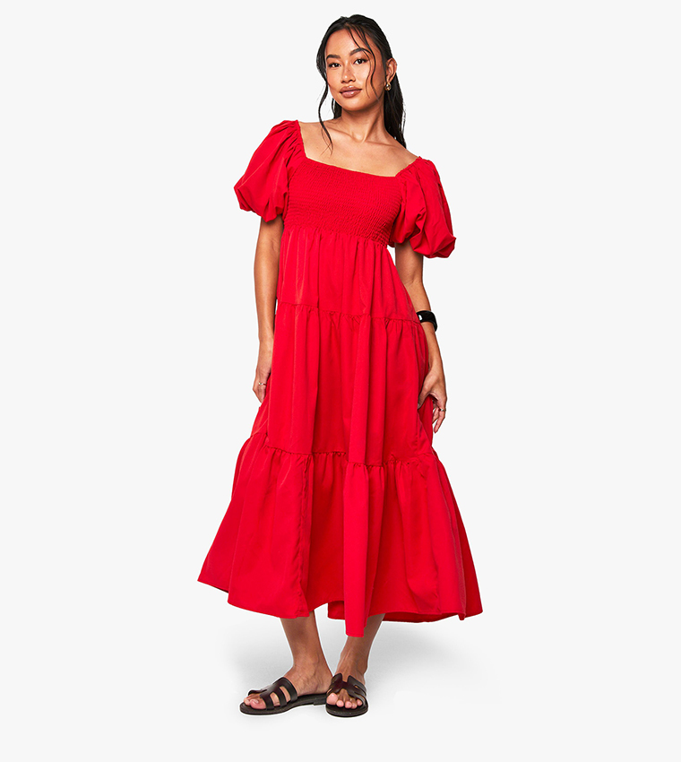 Tiered Shirred Midaxi Smock Dress