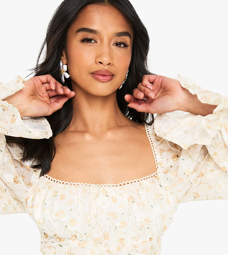 فستان ميني جاكار شيفون بأكمام واسعة للمقاسات الصغيرة  