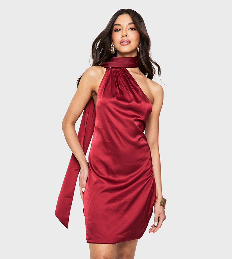 Premium Satin Scarf Detail Mini Dress