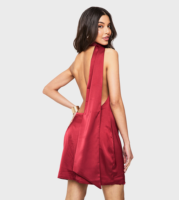 Premium Satin Scarf Detail Mini Dress