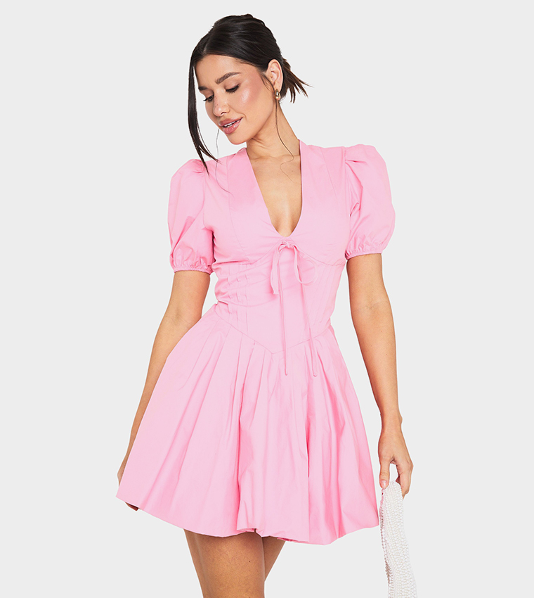 Buy Boohoo Tall Corset Detail Puff Sleeves Skater Mini Dress In Pink |  6thstreet UAE