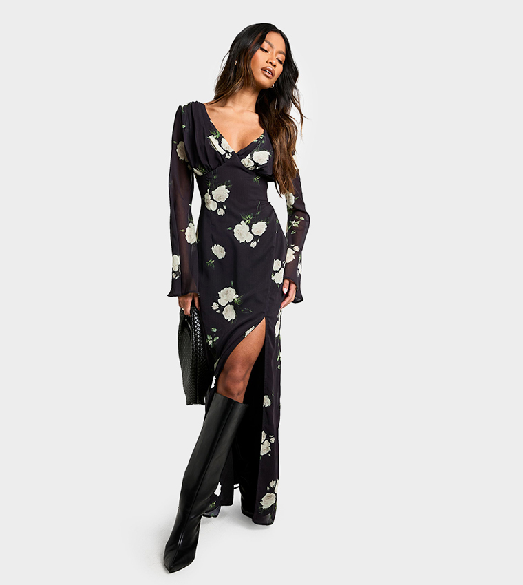 Floral Print Chiffon Plunge Maxi Dress