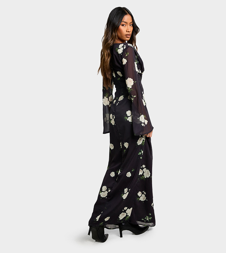 Floral Print Chiffon Plunge Maxi Dress