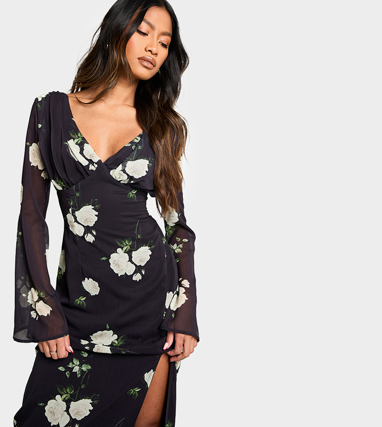 Floral Print Chiffon Plunge Maxi Dress