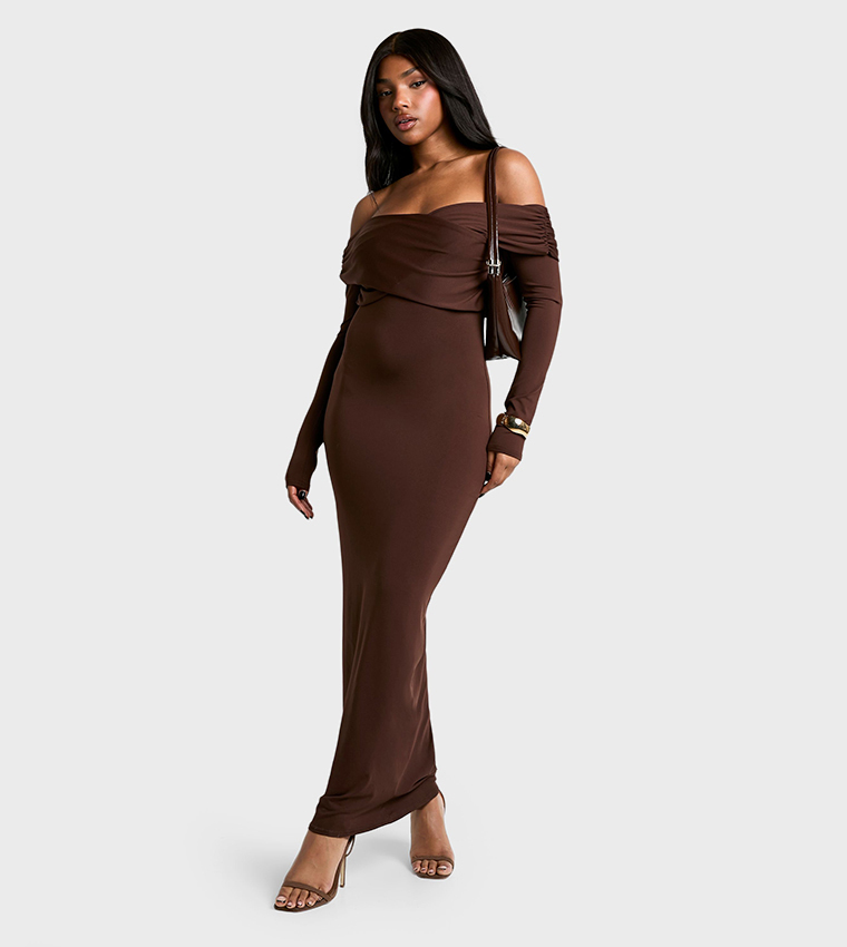 Buy Boohoo Soft Touch Twist Bardot Maxi Dress In Brown | 6thstreet UAE