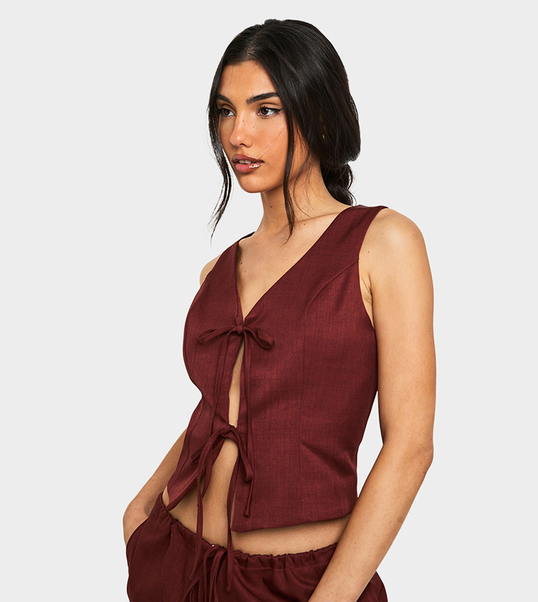 Linen Look Tie Front Crop Top