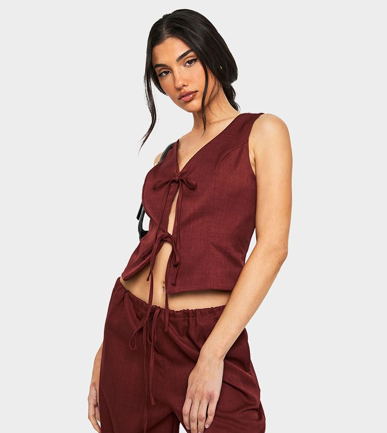 Linen Look Tie Front Crop Top