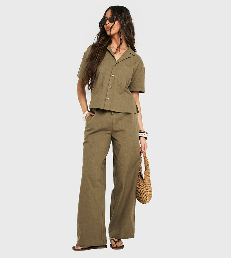 Linen Look Drawstring Wide Leg Trousers