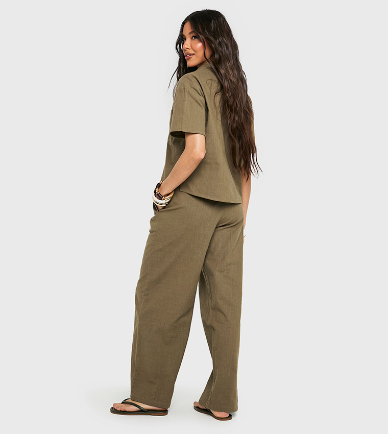 Linen Look Drawstring Wide Leg Trousers