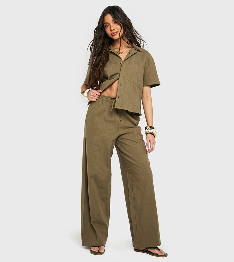 Linen Look Drawstring Wide Leg Trousers