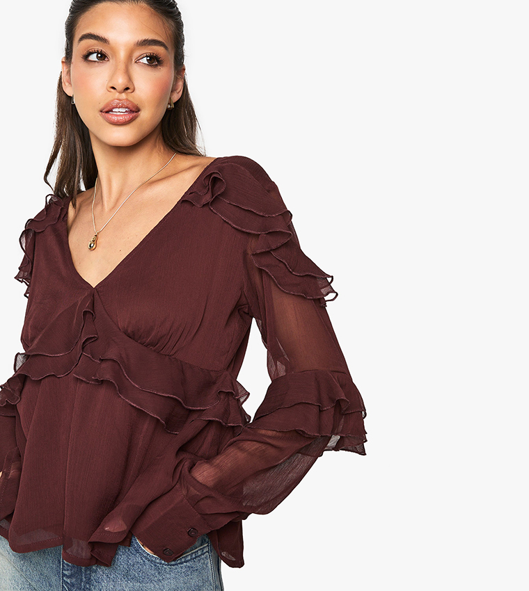 Ruffle Chiffon Long Sleeves Top