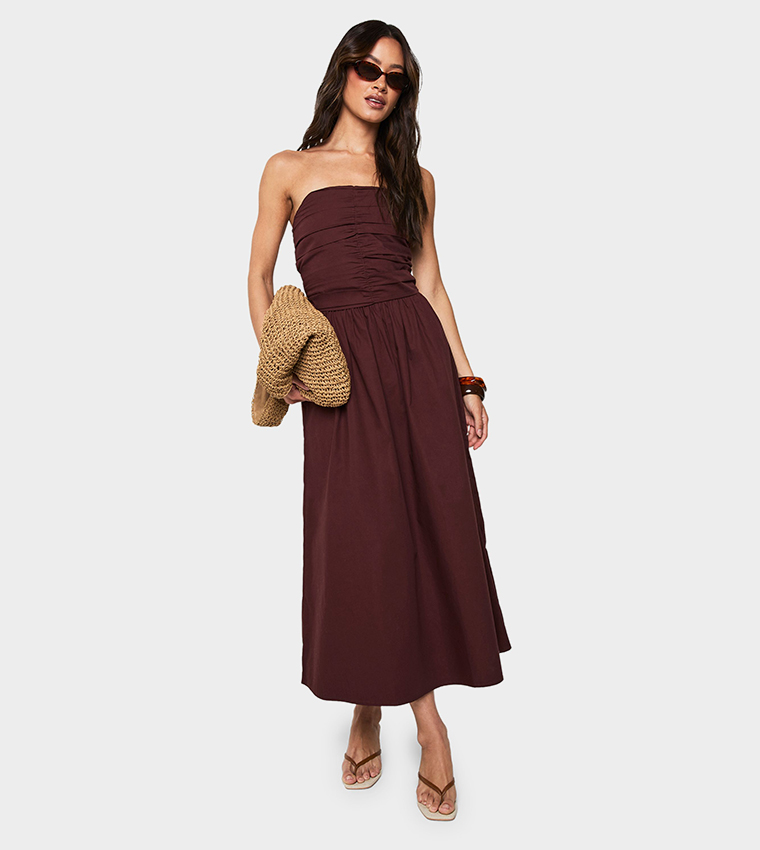 boohoo poplin ruched midi dress Black Cotton Poplin Ruched Detail Midi Dress