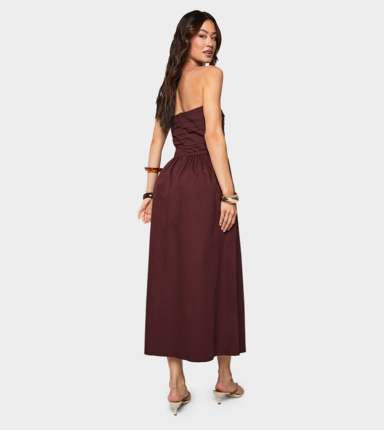 knee length dresses for ladies Olea Sky Blue Striped Cotton Poplin Ruched Midi Dress